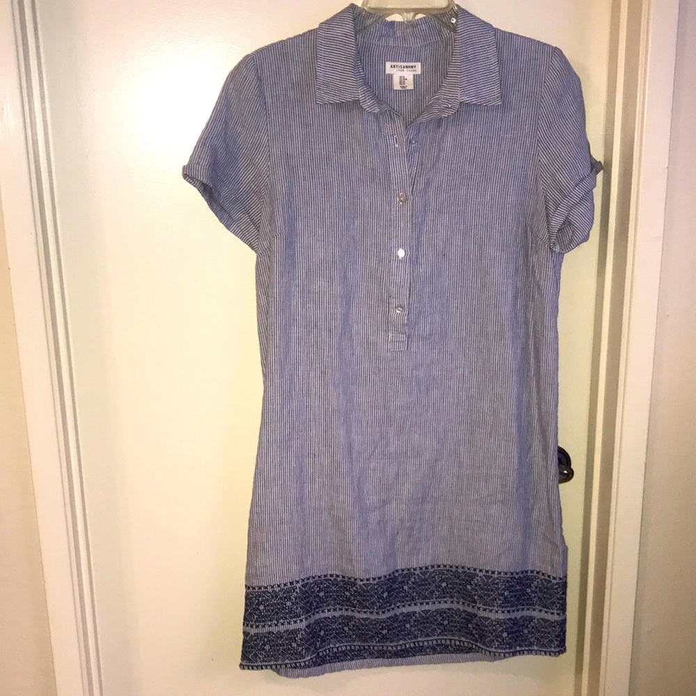 Artisanny Denim Blue 100% Linen Summer Cruise Dress Embroidered Hem Size Medium